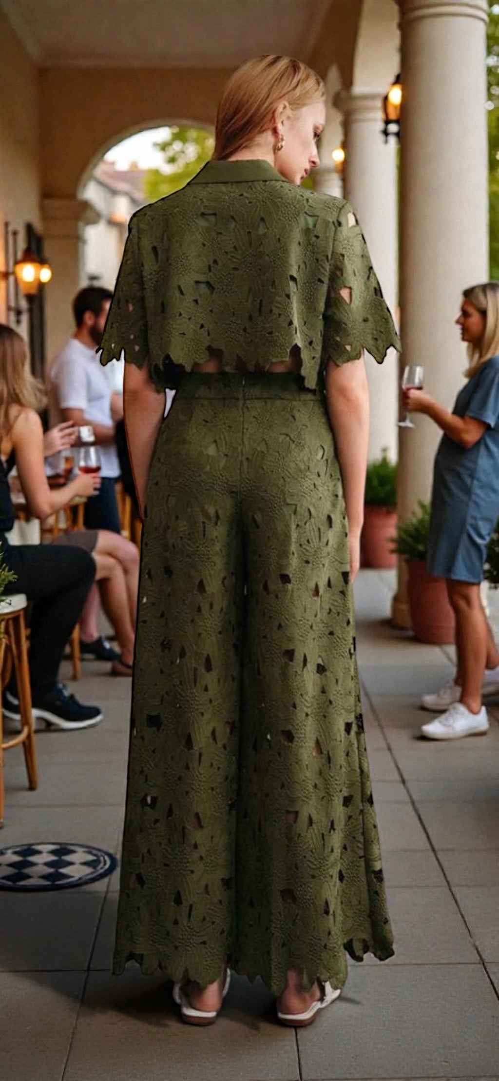 Ensemble Deux Pièces Dentelle Bohème Femme – Top Court et Pantalon Long – Vert Olive & Blanc Ivoire