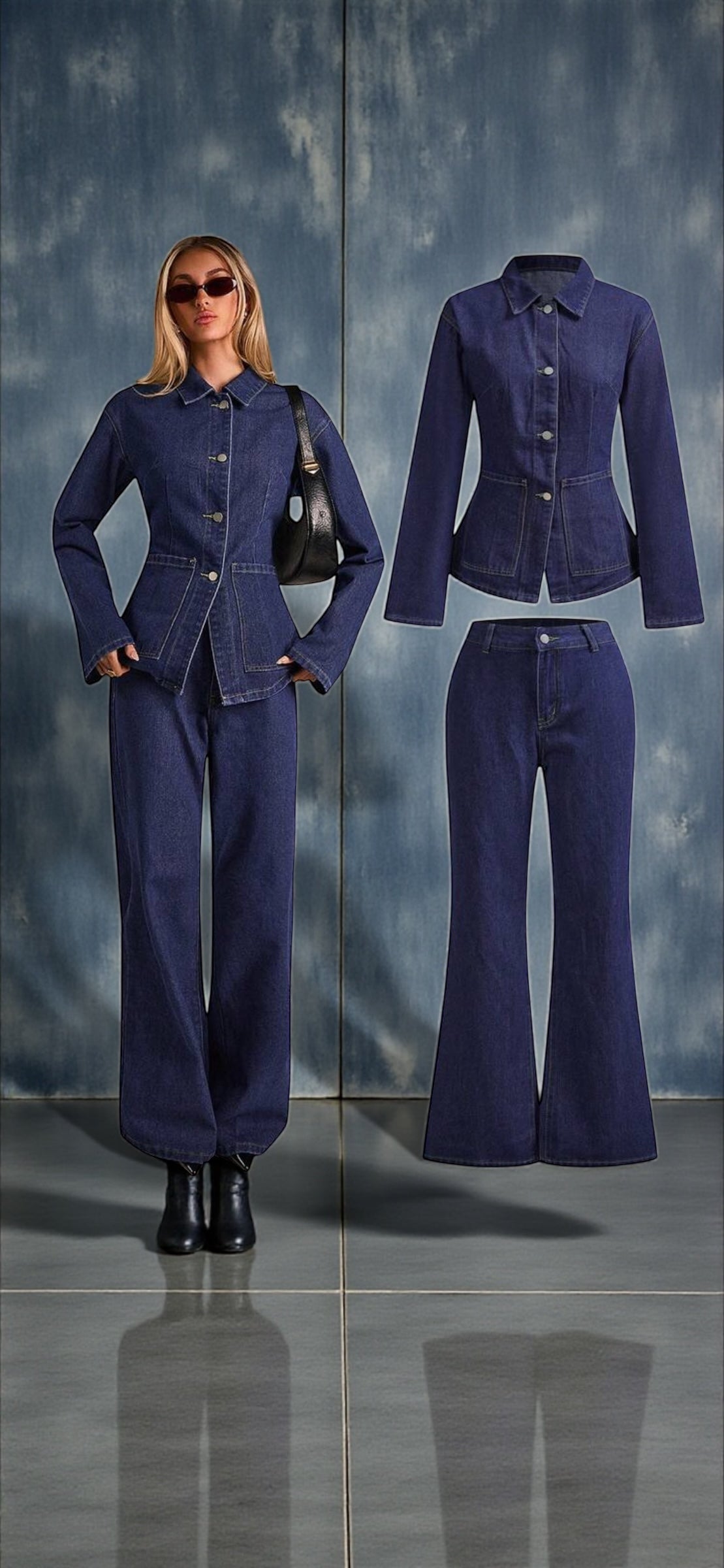 Ensemble en denim 2 pièces Jean wide Leg - Veste Denim ajustée boutons - printemps beaux jours