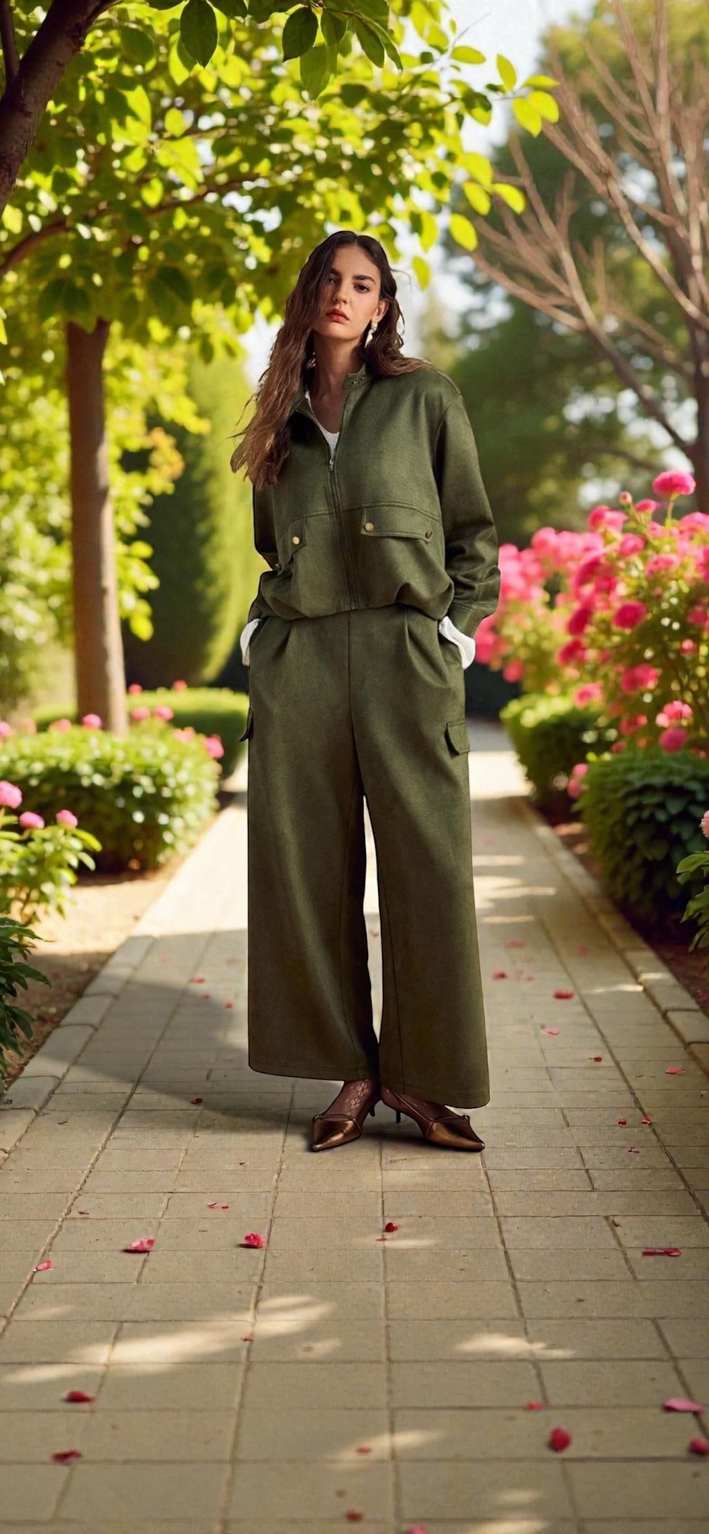 Ensemble 2 pièces veste olive daim suédée pantalon vert olive assortis