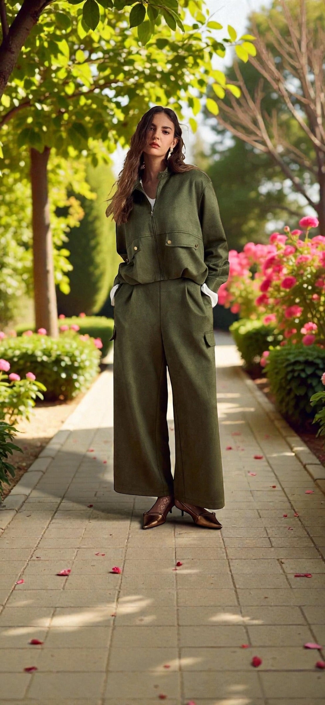 Ensemble 2 pièces veste olive daim suédée pantalon vert olive assortis