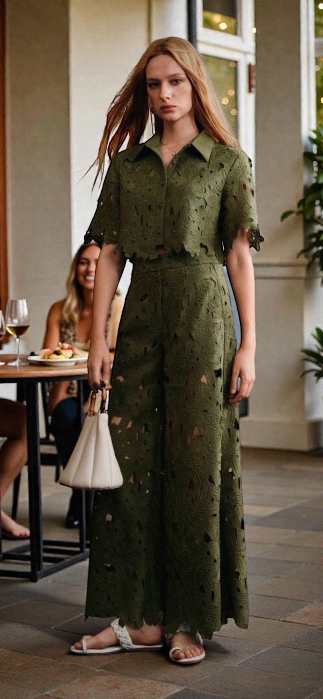 Ensemble Deux Pièces Dentelle Bohème Femme – Top Court et Pantalon Long – Vert Olive & Blanc Ivoire