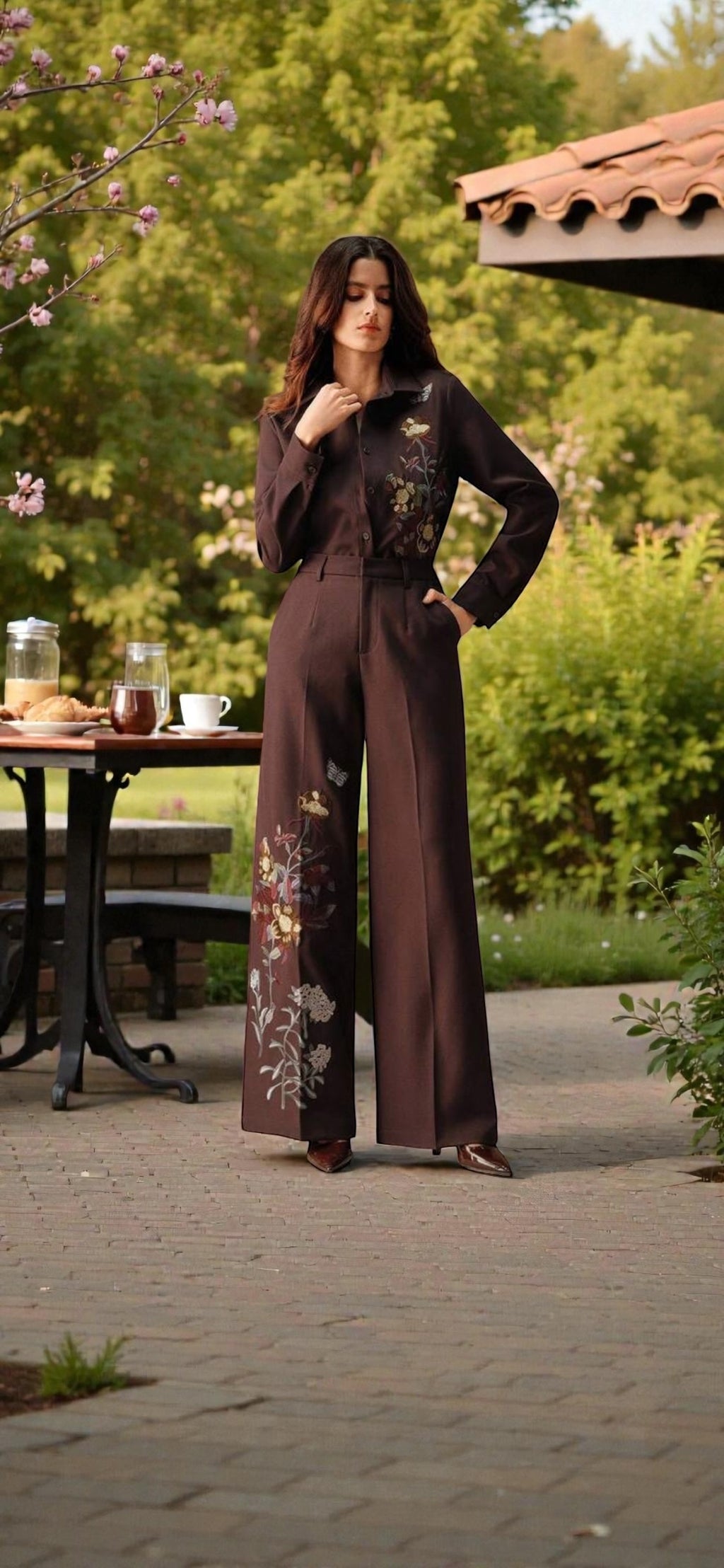 Combinaison Pantalon Marron à Broderies Florales – Élégance Tailleur, Coupe Palazzo