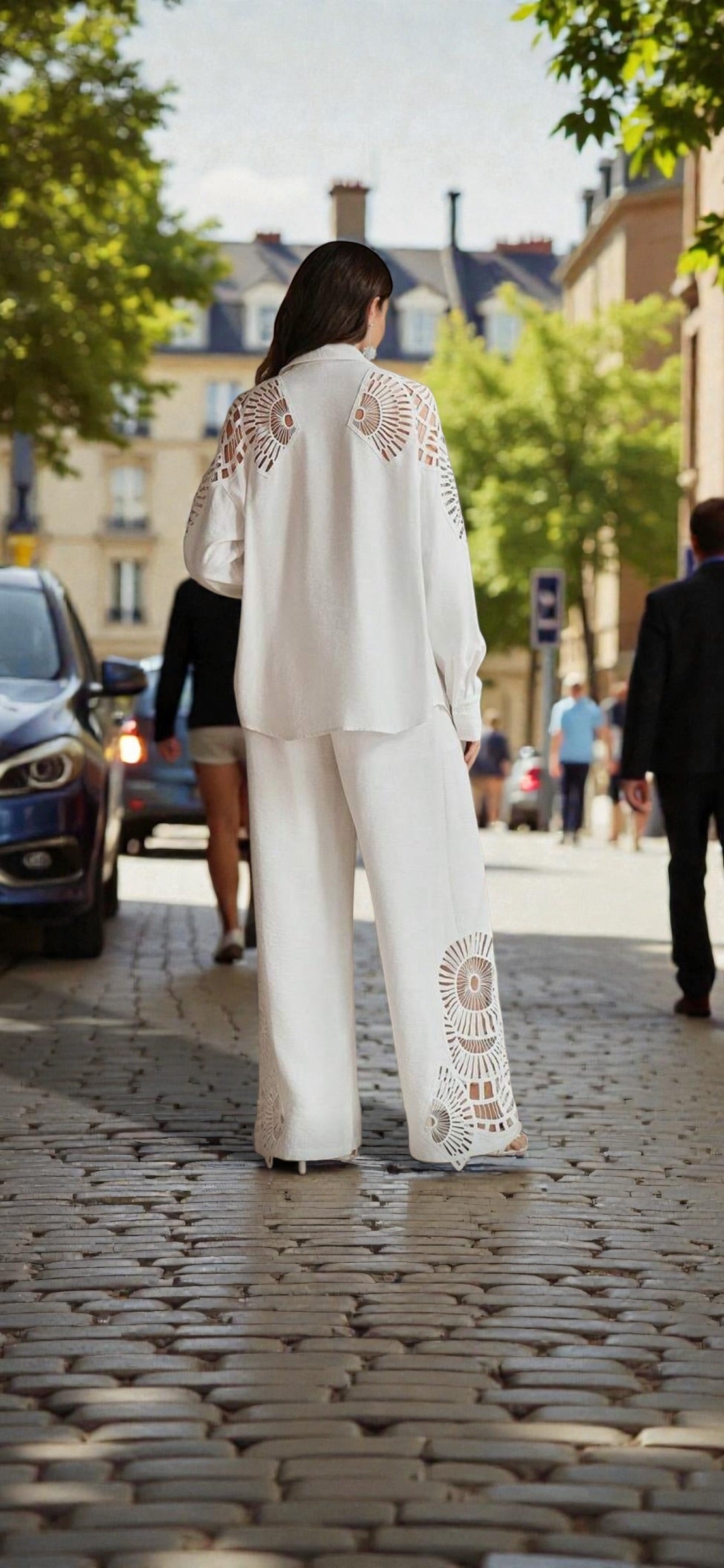 Ensemble Pantalon Blanc Minimaliste – Chemise ajourée & Coupe Large Printemps