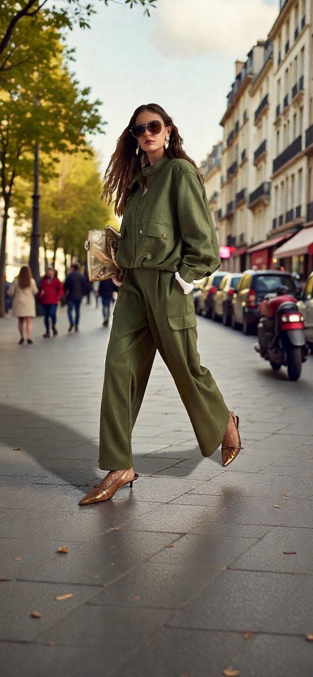 Ensemble 2 pièces veste olive daim suédée pantalon vert olive assortis