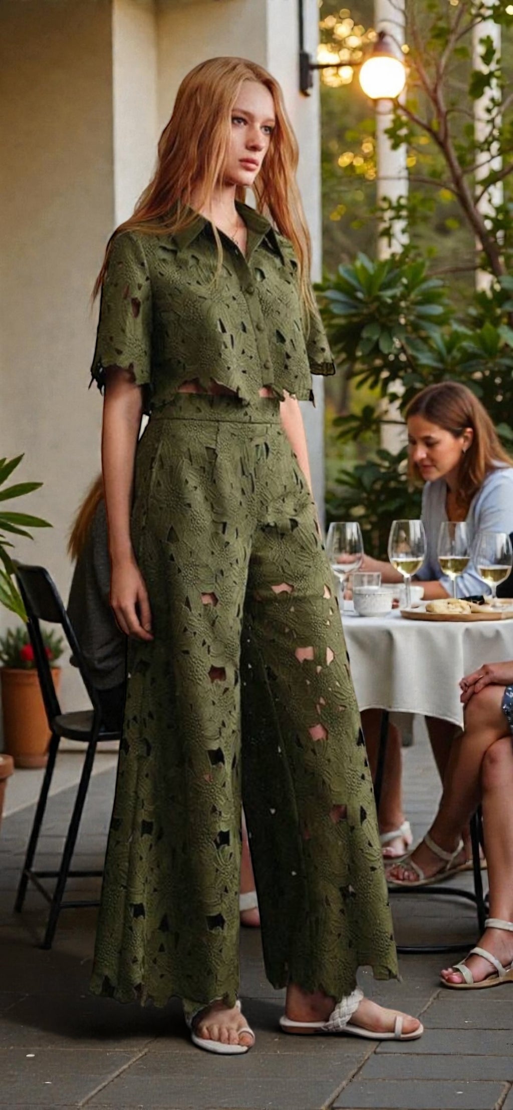 Ensemble Deux Pièces Dentelle Bohème Femme – Top Court et Pantalon Long – Vert Olive & Blanc Ivoire