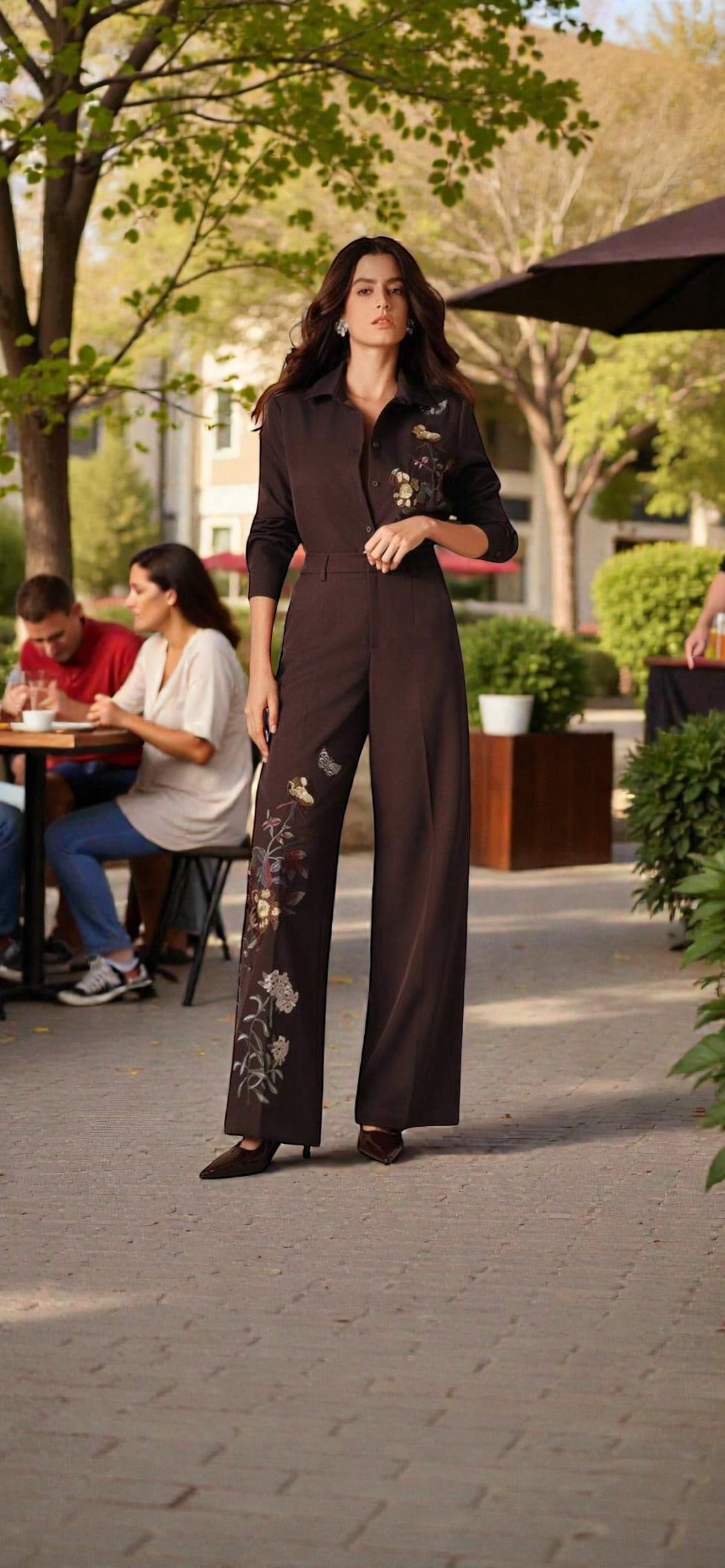 Combinaison Pantalon Marron à Broderies Florales – Élégance Tailleur, Coupe Palazzo