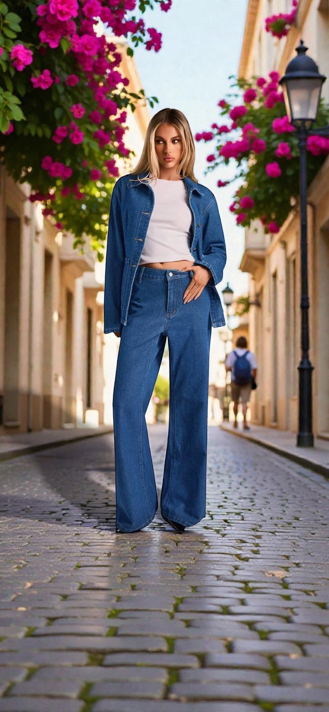 Ensemble en denim 2 pièces Jean wide Leg - Veste Denim ajustée boutons - printemps beaux jours