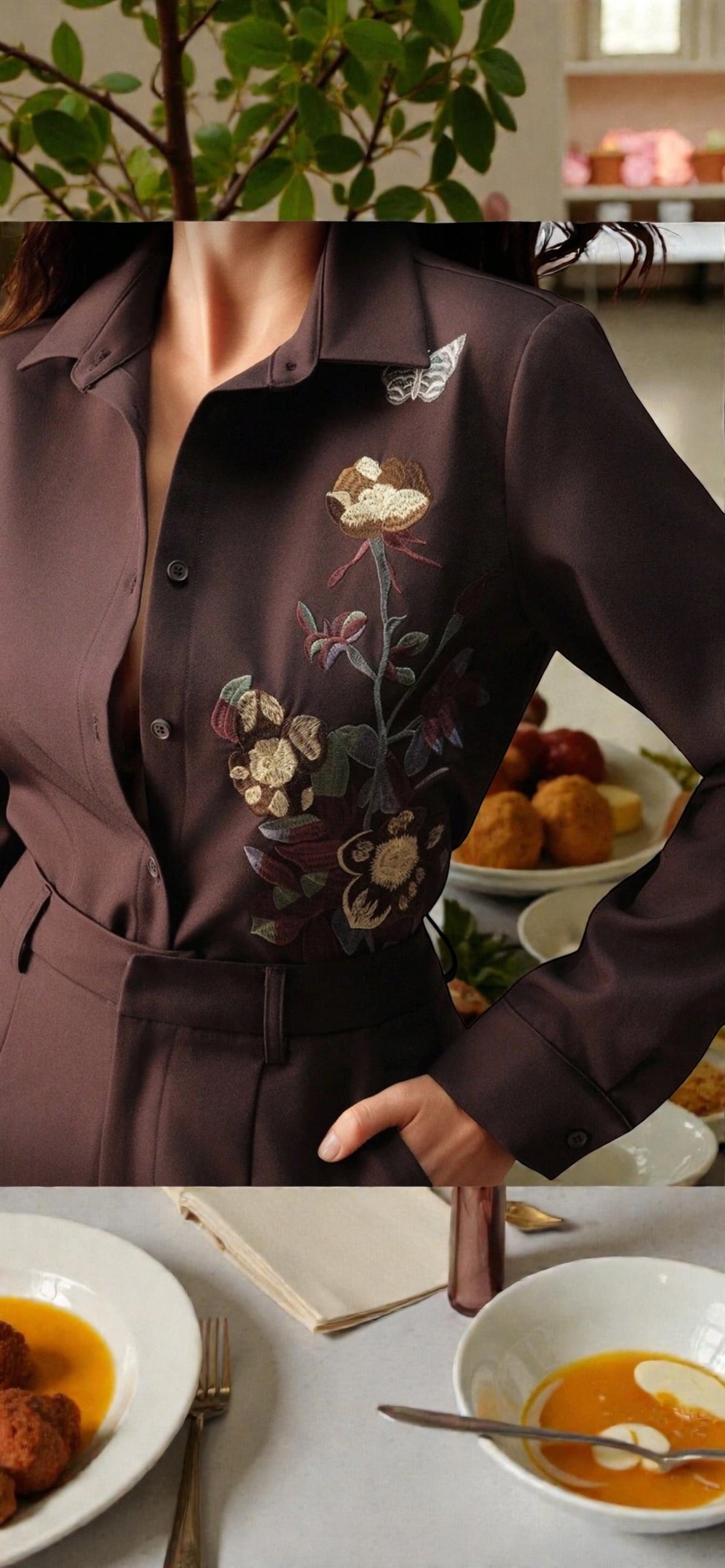 Combinaison Pantalon Marron à Broderies Florales – Élégance Tailleur, Coupe Palazzo
