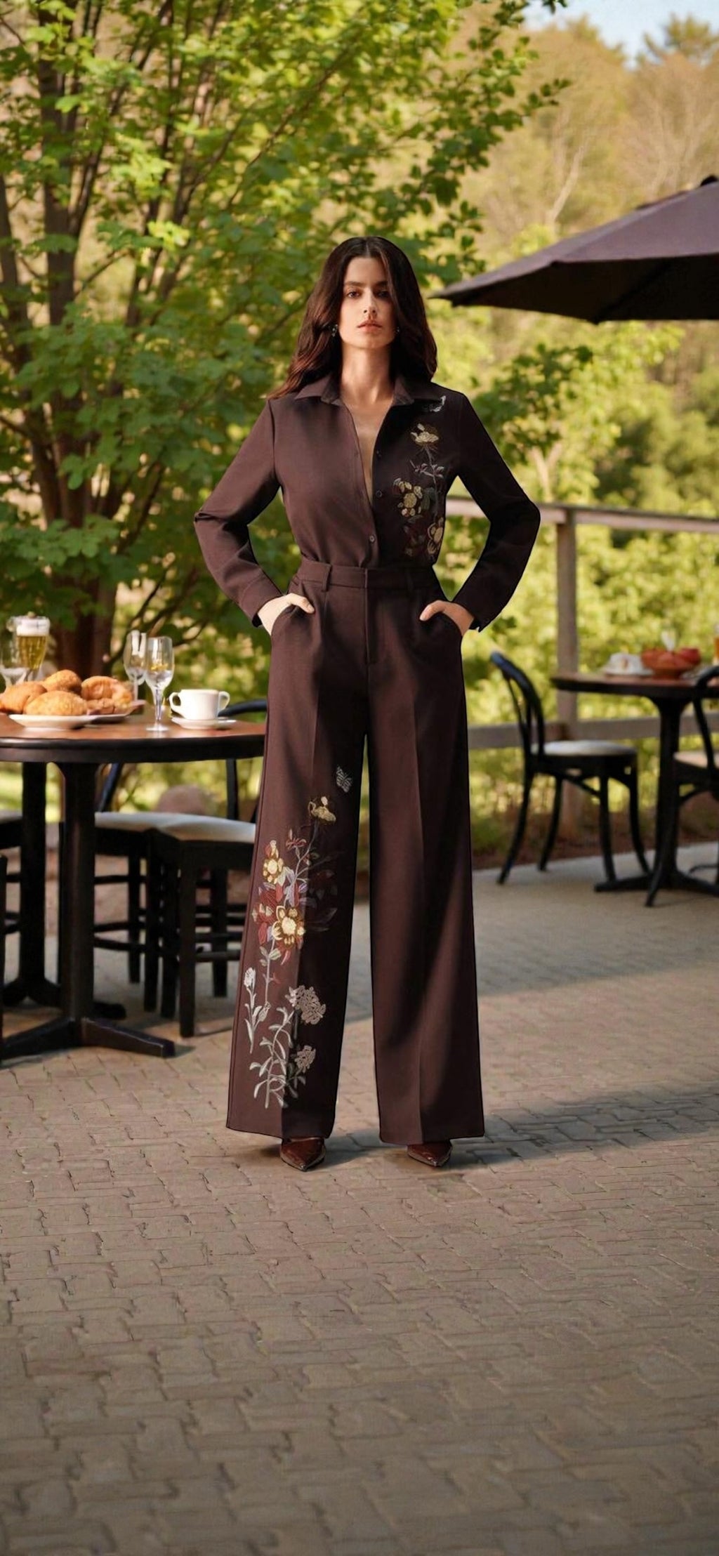 Combinaison Pantalon Marron à Broderies Florales – Élégance Tailleur, Coupe Palazzo