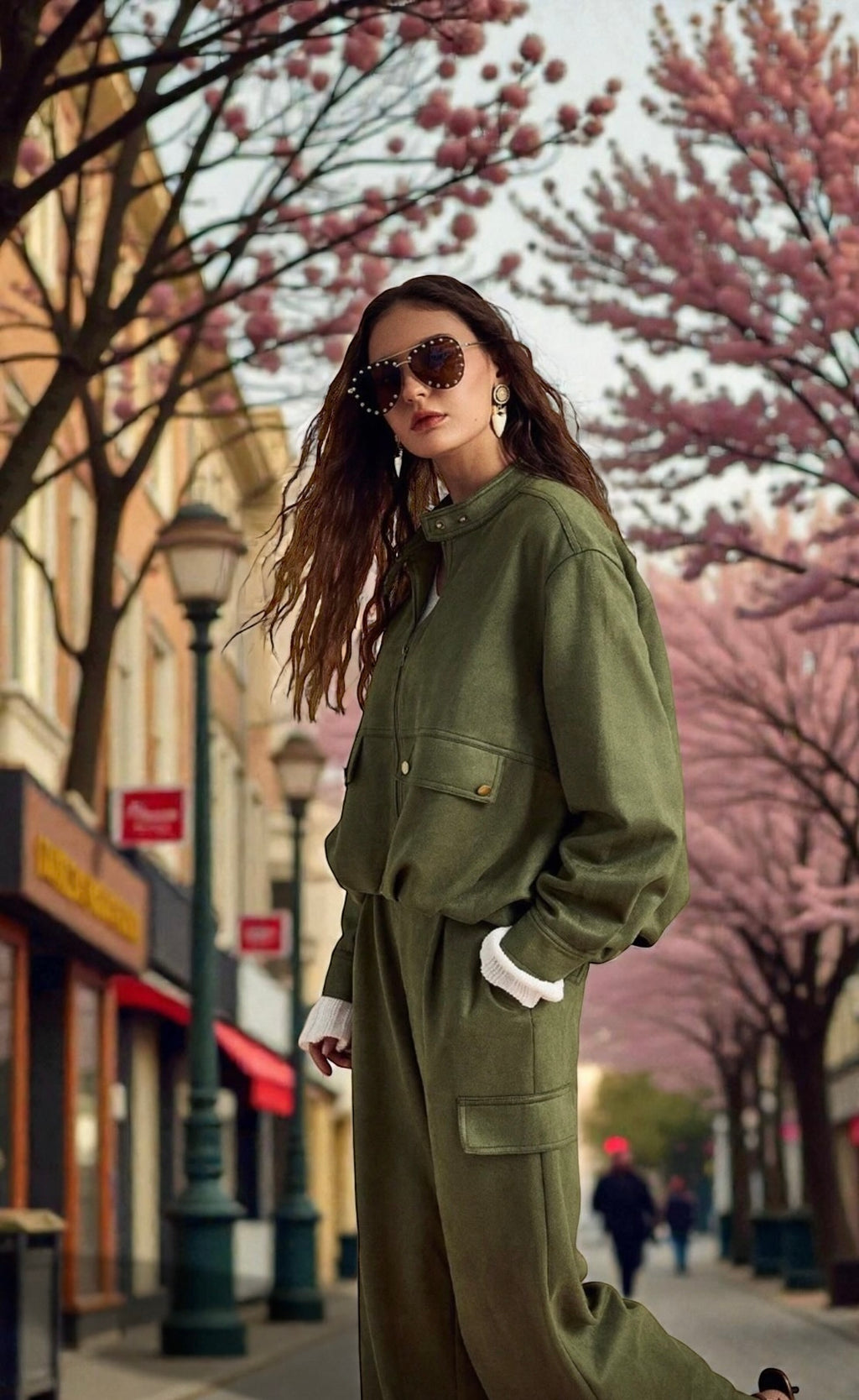 Ensemble 2 pièces veste olive daim suédée pantalon vert olive assortis